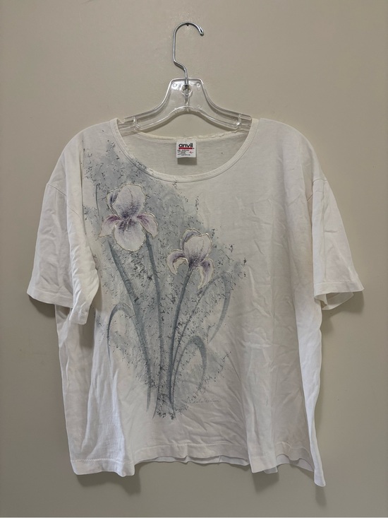 Tops - Vintage 90s Anvil Hand Painted Floral Iris Graphic White T-Shirt (Women's Large)